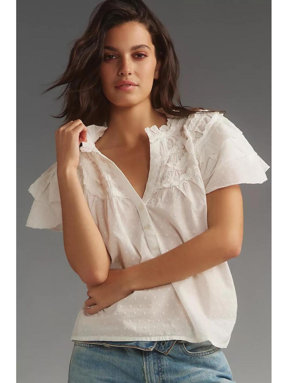 By Anthropologie Layered-Sleeve Henley Top White Dotted Swiss Dot Ruffle Blouse - Picture 1 of 9